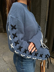 LIZAKOSHT - Solid Loose Round Neck Sweater Women New Fashionable Lace Up Bow Pullover Sweaters Long Sleeved Casual Knitted Tops 2025