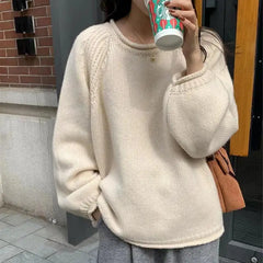 LIZAKOSHT - Sweater for Women Casual Soft Warm Sweater Solid Lantern Sleeve Knitted Short Pullovers Korean Loose Outerwear White Jumper