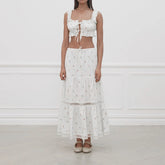 LIZAKOSHT - Vintage Frill Strap Front Tie Up Crop Tops + Maxi A-line Skirt Elegant Women Chic 2 Piece Set Fairy Y2K Matching Outfits