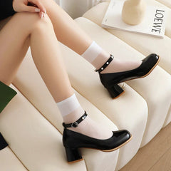 Lizakosht Lolita Sweet Girls Mary Jane Shoes Women 2024 Round Toe Ankle Strap Block Heels Party Wedding Shoes Pink White Pumps Big Size 43