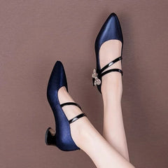 LIZAKOSHT  -  Leather Mid Heels,Office Lady Work Shoes,Women Pumps,Rhinestone Bowtie,Vogue Pointed Toe,34-40,Blue,Black,Dropship