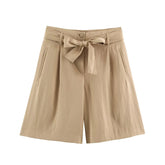 LIZAKOSHT - 3 colors Summer Tie Bow Sashes High Waist Causal Shorts Women Wrinkle Loose Straight Short Pants Trousers Bottom Vintage Khaki