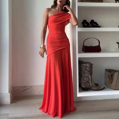 LIZAKOSHT - Fashion One Shoulder Sleeve Dresses Sexy Irregular Pleated Women's Party Dress Casual Slanted Collar High Waist Solid Long Dress