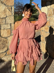 LIZAKOSHT - Fashion Hollow Out Puff Sleeve Women's Dresses Pleated Tassel Hem Short Dresses New Casual Round Neck Elegant Women Dress