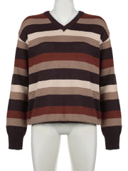 LIZAKOSHT - Vintage Striped Knitted Sweaters Casual Loose V-Neck Long Sleeve Pullovers Women Autumn Winter Fashion Streetwear