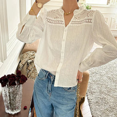 LIZAKOSHT - Ruffles Long Sleeve Ladies Tops White Blouses shirts Women Floral Embroidey Lace 100% Cotton Boho Casual Spring Summer Blouse