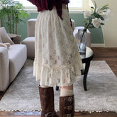 LIZAKOSHT - Korean Fashion Midi Skirt Kawaii Vintage Clothes Summer Fashion Woman Lace Skirts For Woman Harajuku Embroidery Skirt Black