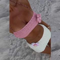 LIZAKOSHT - Sweet Sexy Women's Beading Halter Tops&Mini Skirts Suit 2025 Foreign Trade Knitted Two Piece Bikini Set Ladies Hot Summer Swim