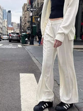 LIZAKOSHT - Casual Women White Flared Trousers Summer Vintage High Waist Button-up Pants Solid Color Female Chic Bottoms