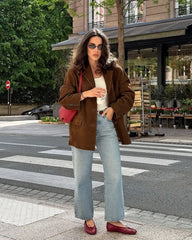 LIZAKOSHT  -  Women Vintage Loose Brown Suede Jacket Fashion Lapel Long Sleeves Single Breasted Coat Spring Autumn Female Street Outerwear