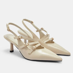 LIZAKOSHT - Elegant Beige Kitten Heels Slingback Pumps Classic Pointy Toe Buckle Straps Office Lady Shoes Women