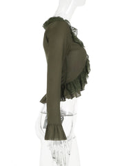 LIZAKOSHT - Ruffles Lace Trim Patchwork One Button Chiffon Cardigan Sexy See Through Chic Y2k Flared Long Sleeve Slim Crop Top Lady