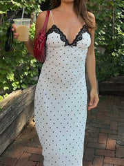 LIZAKOSHT - Lace Polka Dot Spaghetti Strap Dresses Sexy Hot Sweet Sleeveless Cloth Y2K Aesthetic Korean Fashion Women Outfits
