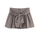 LIZAKOSHT - Fashion Coffee Stripes Tie Bow Sashes Elastic Waist Wide Leg Shorts Women Shorts Skirts Causal Mini Pants