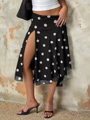 LIZAKOSHT - Polka Dot Printed Irregular Split Women Skirt Black High Waist Ruffles Slim Long Skirt Female Spring Casual Streetwear