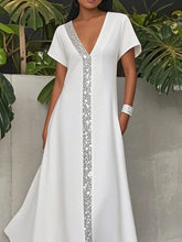 LIZAKOSHT  -  Summer Simple Elegant Women's Dress Shiny Striped V-neck Short Sleeves A-line Dress Stylish Party Wedding Dresses