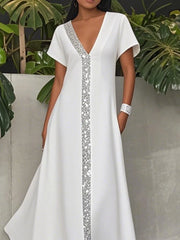 LIZAKOSHT  -  Summer Simple Elegant Women's Dress Shiny Striped V-neck Short Sleeves A-line Dress Stylish Party Wedding Dresses