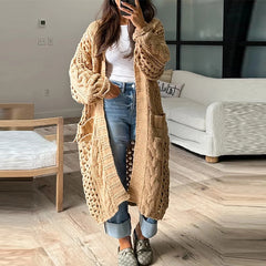 LIZAKOSHT - Casual Solid Color Pocket Coat Ladies Elegant V Neck Hollow Knitted Cardigan Autumn Winter Thick Warm Loose Sweater Outwear
