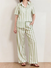 LIZAKOSHT - Women Striped Print 2 Pieces Pajama Set Short Sleeve Buttons Up Shirts with Elastic Waist Wide Leg Pants Outfits