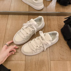 LIZAKOSHT - Women's White Platform Sneakers New Lace-up Casual Board Shoes,Comfortable Leather Trainers Korean Style Fashion Footwear