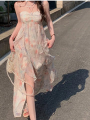 LIZAKOSHT - Summer Irregular Ruffles Midi Dress Women Sleeveless Beach Style Chiffon Halter Casual Holiday Sundress One Piece Vestidos Mujer