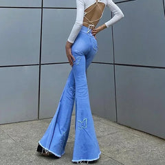 LIZAKOSHT - Solid Color Butterfly Print High Waist Bag Hip Casual Denim Flared Trousers 2024 Autumn Fashion Street Style Women's Trousers
