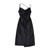 LIZAKOSHT - Summer French Style Low Collar Sling Dress Women High Waisted Wrap Hip Solid Slim Light Mature Style A-line Long Dress IYVL