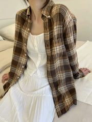 LIZAKOSHT - Casual Women Single-breasted Loose Shirts Summer Vintage Polo Neck Long Sleeves Plaid Printed Shirts Female Chic Tops