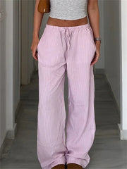 LIZAKOSHT - Streetwear Striped Print Loose Trousers Lace-up Joggers Fashion Y2K Baggy Pants Basic Aesthetic 90s Cute Bottoms