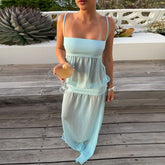 LIZAKOSHT - Elegant Off Shoulder Suspenders Dress Women's Sexy Sleeveless Mesh Patchwork Solid Gowns Fashion Hight Waist Vacation Long Dress