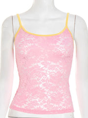 LIZAKOSHT - Woman Clothing Y2K Lace Camisoles Streetwear Girls Sexy See-through Corset Top Night Club Outfit Patchwork Pink Crop Top