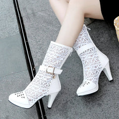 LIZAKOSHT - new summer women sandals plus size 22-28cm Microfiber+lace buckle women's shoes high heel fashion Sexy Mesh Boots