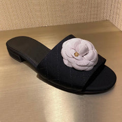 LIZAKOSHT - new designer camellia flower slippers women plaid leather slides shoes floral buckle leather flip flops woman flat sandales
