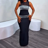 LIZAKOSHT - Women Fashion Shinny Diamonds Slim Long Dress Sexy Sleeveless Splicing Cocktail Dresses Elegant O-neck Waist Solid Skinny Dress
