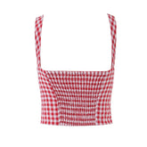 LIZAKOSHT - Sexy Red Plaid Spliced Lace Bow Ruched Chest Tank Top + High Waist Wood ears Mesh Lining Swing Cake Mini Skirt Suits 2pcs 1 Set