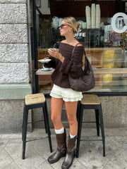 LIZAKOSHT - Women Sexy Solid One Neck Ribbed Sweater Fashion Off Shoulder Long Sleeve Knitted Pullover Autumn Lady Chic Street Knitwear