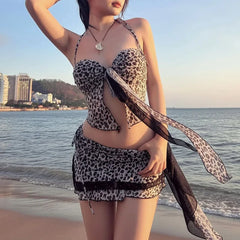 LIZAKOSHT - Leopard Print Sexy Three Piece Swimsuit Set Women's Hanging Neck Lace Up Travel Vacation Self-cultivation Water Sports Swimsuit
