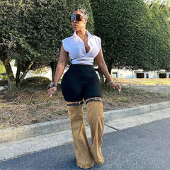 LIZAKOSHT - Women's Fashion Patchwork Denim Pants Streetwear Black Shorts + Belt Pockets Jeans Legs High Waits Women Pants Y2K Lounge Wear