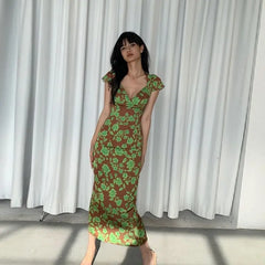 LIZAKOSHT - Sexy Elegant Girl Deep V-neck Fishtail Style Printed Dress Long Dress New Summer