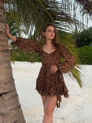 LIZAKOSHT - Sexy Backless Bandage Women Leopard Print Mini Dress Fashion V-neck Split Lantern Long Sleeve Dresses Female Party A-line Robes