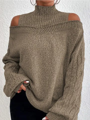 LIZAKOSHT - Female Solid Color High Neck Sweater New Long Sleeves Loose Hollow Cold Shoulder Casual Kintted Pullovers Tops