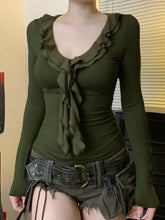 LIZAKOSHT - 2025 New Vintage Green T-shirts Women Aesthetic Elegant Sweet Soft Y2k Gothic Ruffle Patchwork V-neck Long Sleece Crop Tee Tops