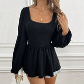 LIZAKOSHT - Women's Sexy Square Neck Waist Cinch Top with Twist Texture Long Sleeve Top