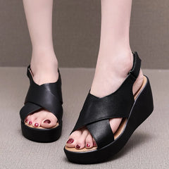 LIZAKOSHT - Cowhide Genuine Leather Women Sandal Platform High Heel Shoes Wedges Comfort Women Shoes Casual Trendy Shoes Women Sandals