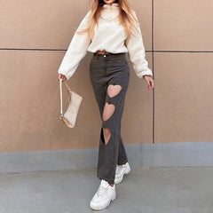 LIZAKOSHT - Women High Waist Denim Summer Pants 2024 Indie Aesthetics Heart Shape Hollow Out Baggy Jeans Y2k Streetwear Trousers 90s Clothes