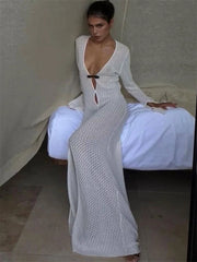 LIZAKOSHT - Female Knitwear Hollow Out Long Dress Beach Cover up See-Through Loose Long Sleeve V-Neck Dress Women's Knit Maxi Dress