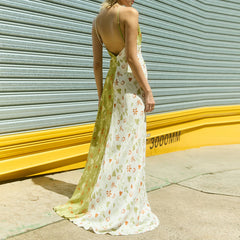 LIZAKOSHT  -  Women Summer Fairy Floral Deep V Neck Maxi Dresses Sleeveless Patchwork Long Dress Sundress vestidos