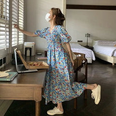LIZAKOSHT - Vestidos Mujer Sweet Spring Summer Blue Print Floral Vintage Woman Dress Korean Fashion Puff Sleeve Long Dress