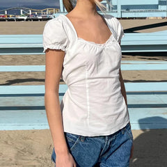 LIZAKOSHT - Lace Stitching Square Collar Top Summer French Style Puff Short Sleeve T-shirt Elegant Basic Clothing Chic Sweet Tops