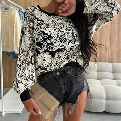 LIZAKOSHT - Fashion High Street Commuter Tops New Autumn O Neck Embroidered Loose Pullover Sexy Perspective Long Sleeve Suspenders 2pc Shirt